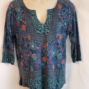 Lucky Brand Teal Blue Red Orange Floral Leaf Print Tunic Top 1X